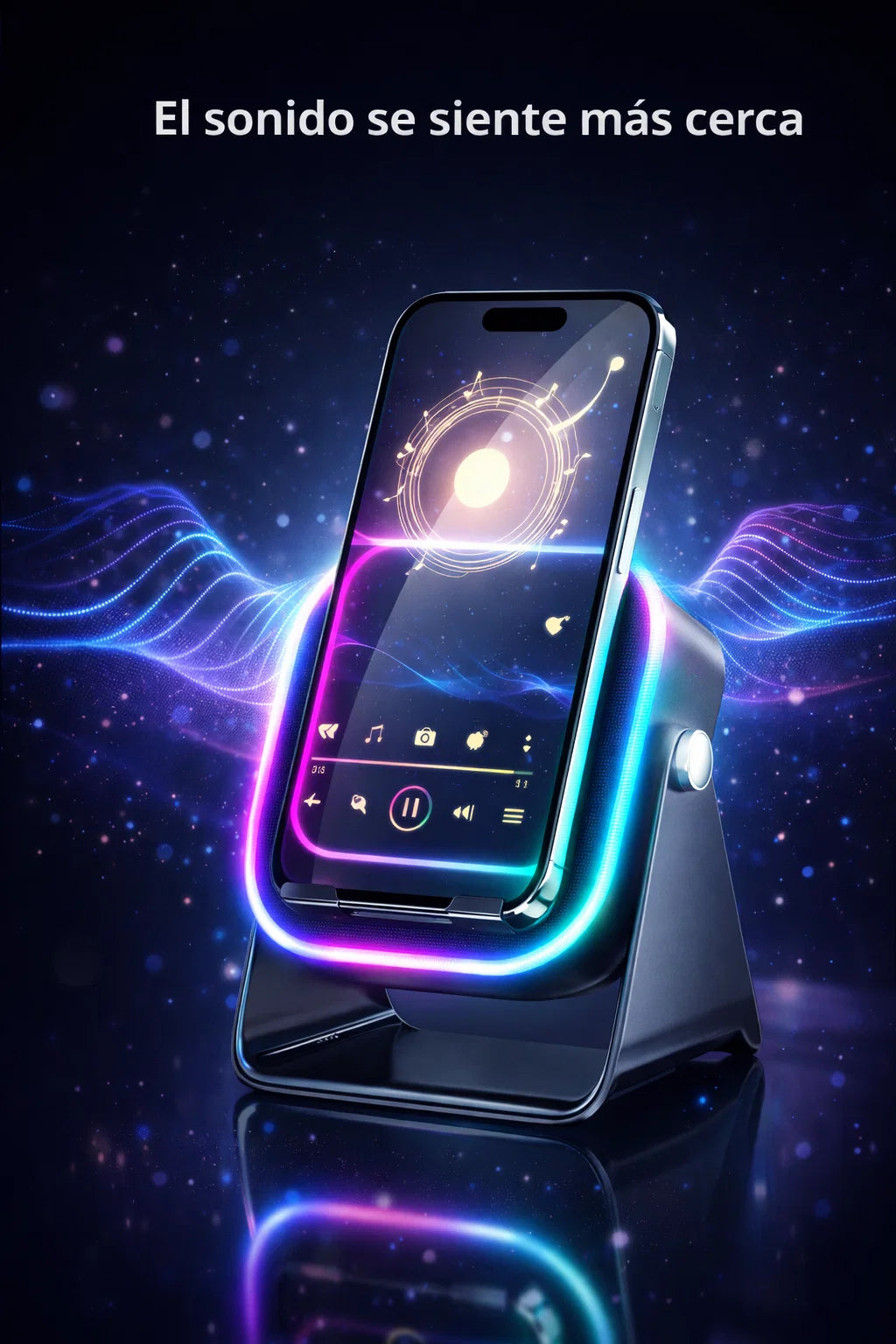 Altavoz Inalámbrico con Luz RGB, Sonido Estéreo, Carga Inalámbrica, Altavoz Bluetooth con Soporte para Teléfono📱