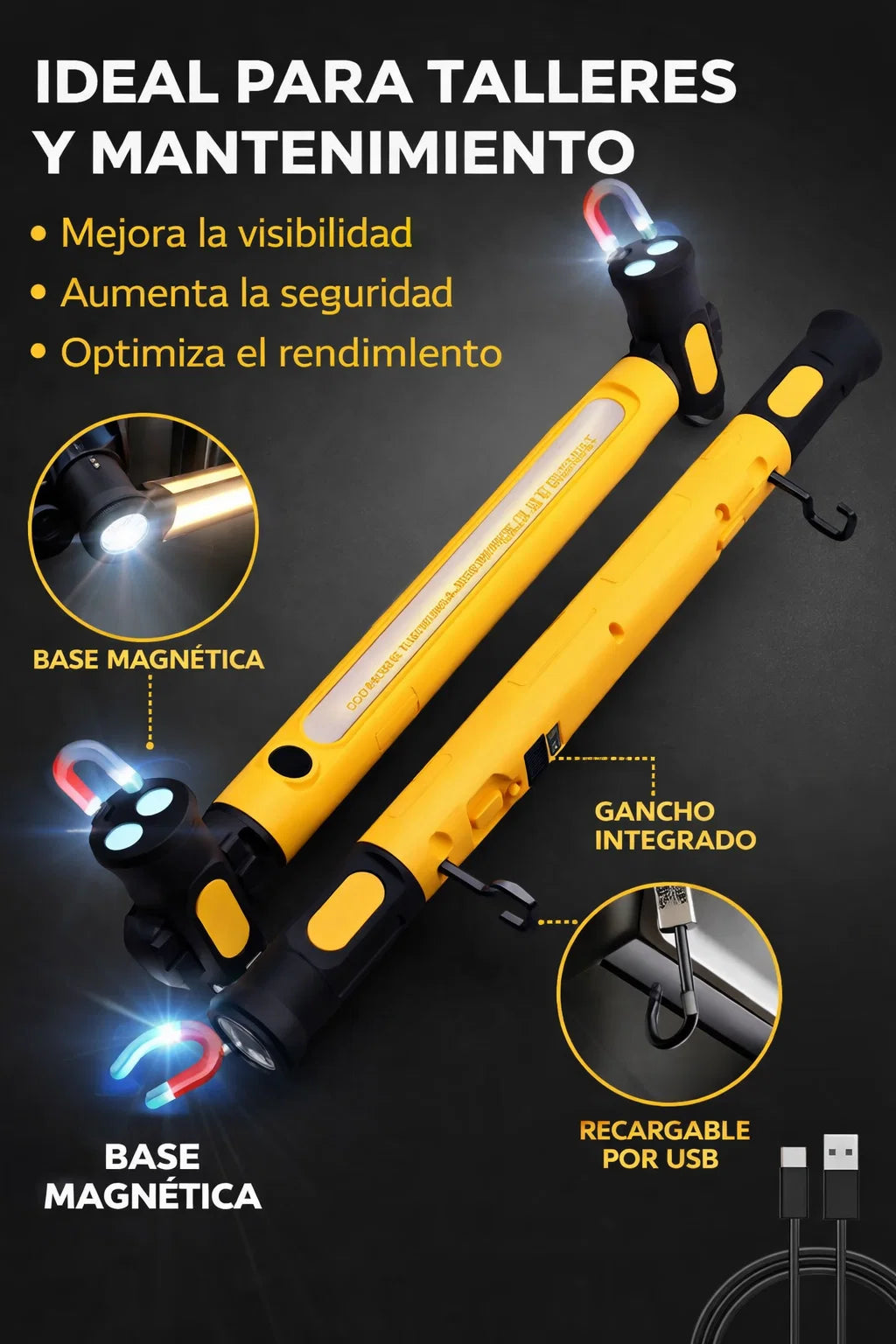 Luz DE TRABAJO LED magnética recargable inalámbrica de alta potencia💡🔌🚘