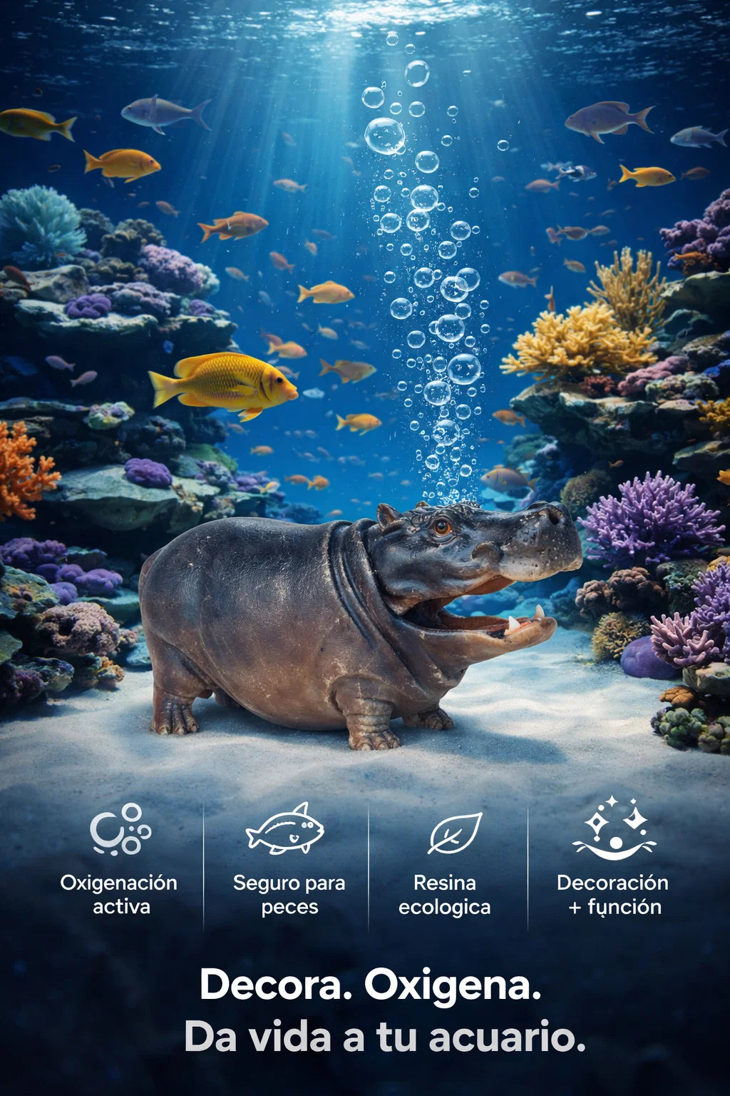 🦛🫧Decoración de acuario + difusor de burbujas en resina (Hipopótamo)🐟🌊